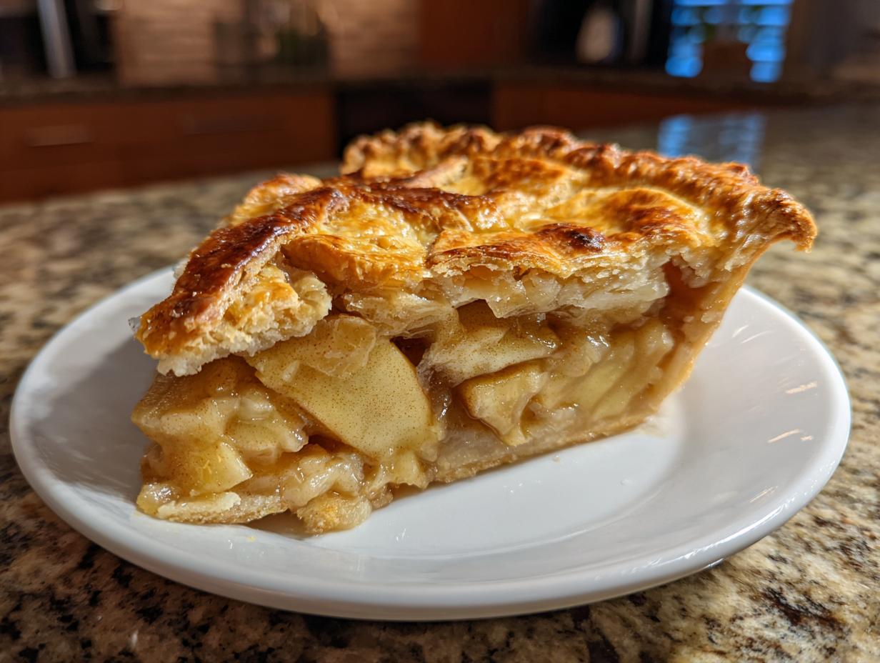 Close-up of a thick slice of homemade apple pie showing flaky crust and cinnamon-spiced apple filling.