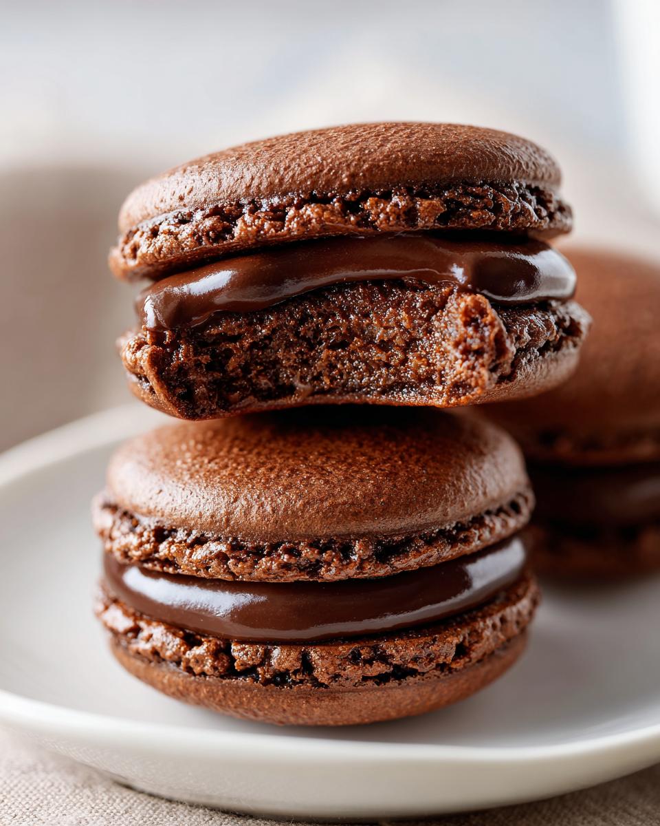 Close-up of two stacked, rich brown chocolate macarons filled with glossy chocolate ganache.
