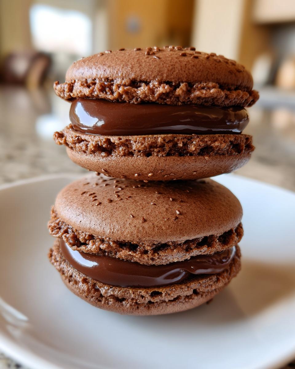 Two perfectly baked chocolate macarons stacked on a white plate, filled with glossy chocolate ganache.