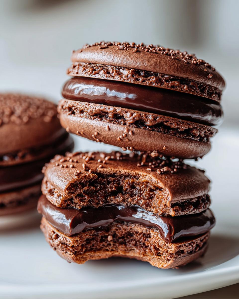 A stack of two rich chocolate macarons, one with a bite taken out showing gooey filling.