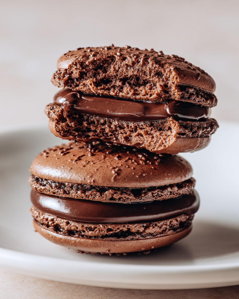 Close-up of two rich chocolate macarons stacked, the top one having a bite taken out, revealing the creamy filling.