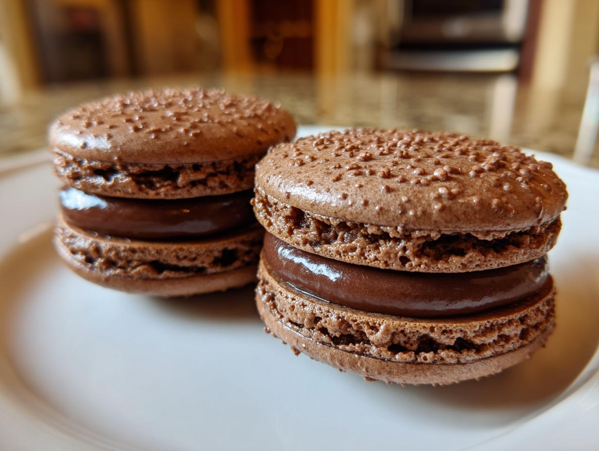 Close-up of two perfectly formed, rich brown chocolate macarons with a thick, glossy chocolate ganache filling.