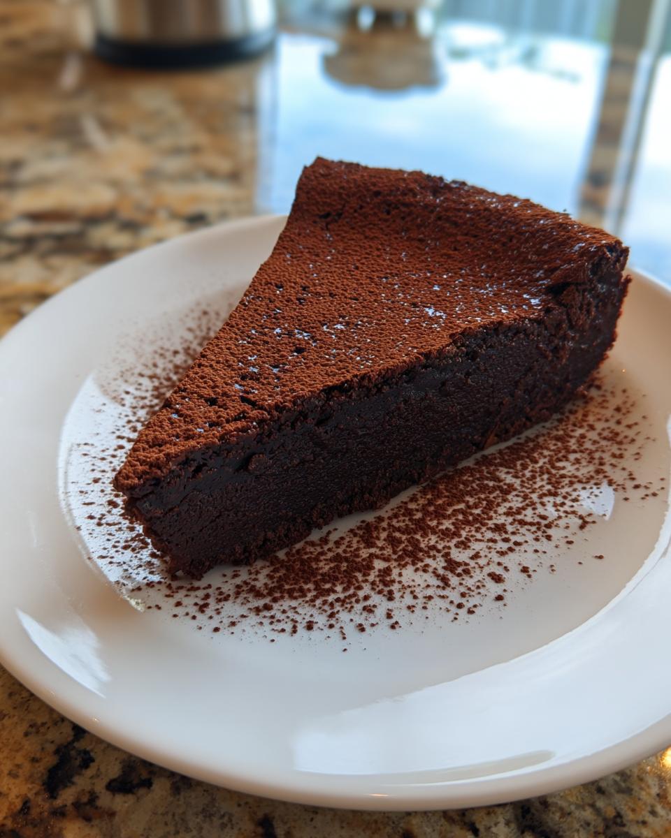 A decadent slice of flourless chocolate torte dusted generously with cocoa powder on a white plate.