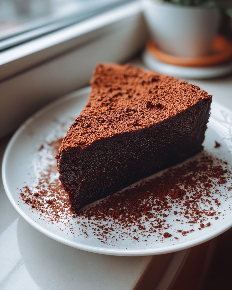 A rich, dark slice of flourless chocolate torte dusted heavily with cocoa powder on a white plate.