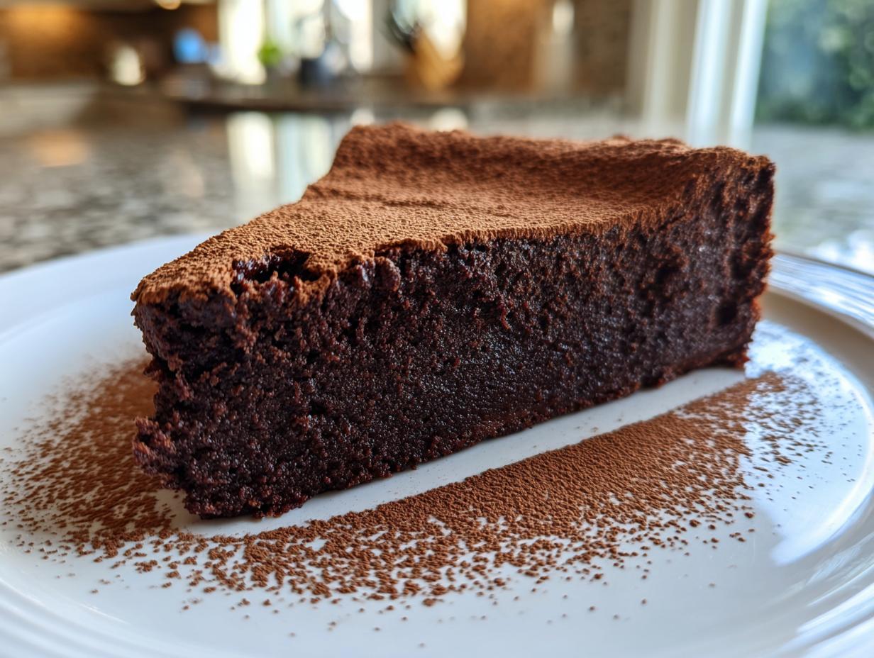 A decadent slice of flourless chocolate torte dusted generously with cocoa powder, served on a white plate.