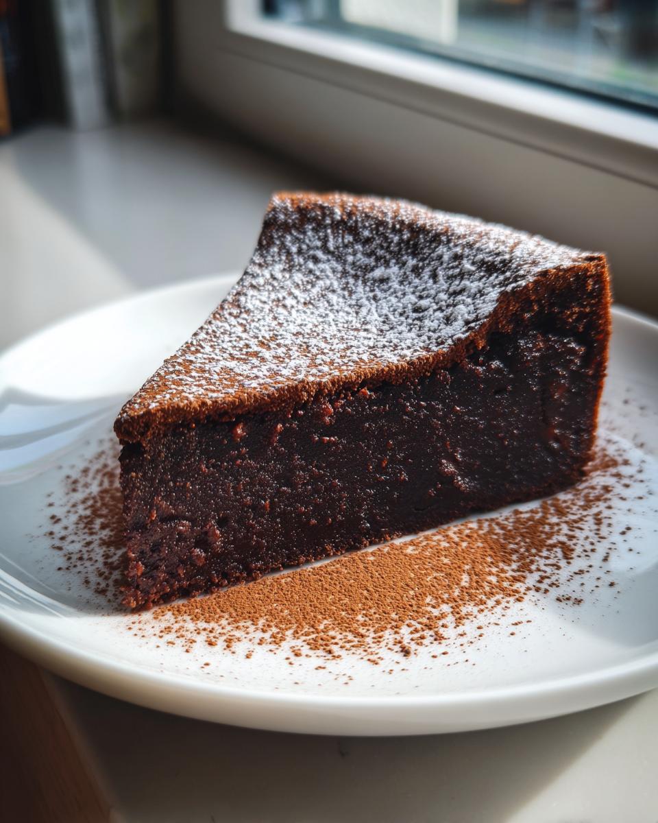 A rich slice of flourless chocolate torte dusted with powdered sugar on a white plate.