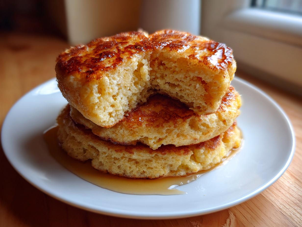 A stack of three fluffy almond flour pancakes drizzled with syrup, with a bite taken out of the top one.