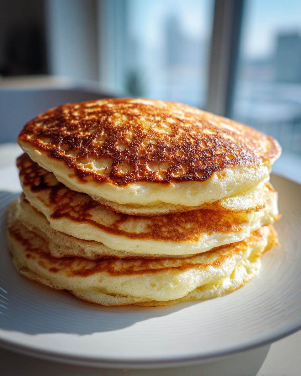 A tall stack of four fluffy buttermilk pancakes with golden-brown, lacy tops, sitting on a white plate.