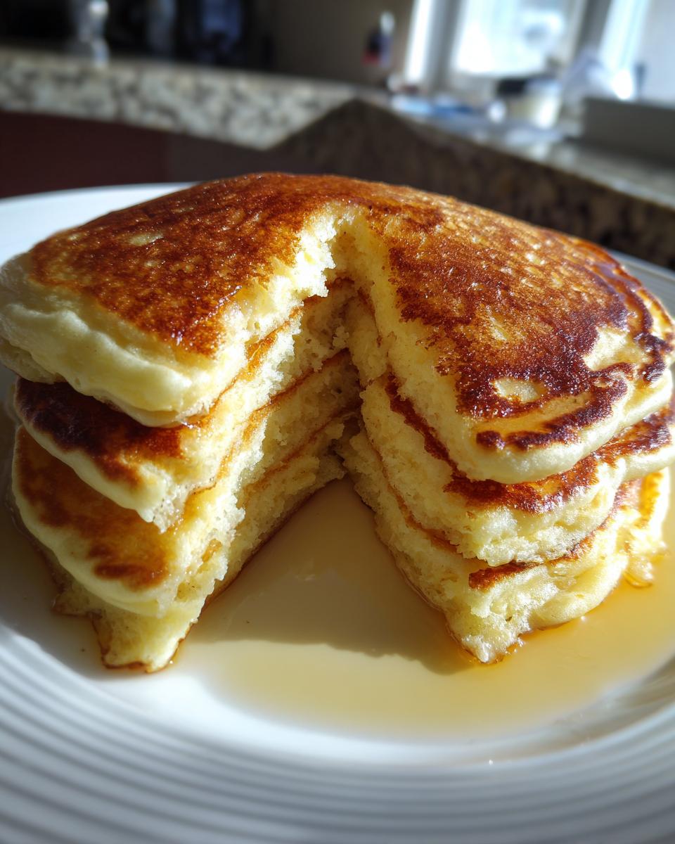 Close-up of a fluffy stack of buttermilk pancakes with a piece removed, sitting in a pool of syrup on a white plate.