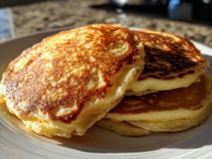 A close-up stack of three fluffy buttermilk pancakes with perfectly golden brown, slightly crisp edges.