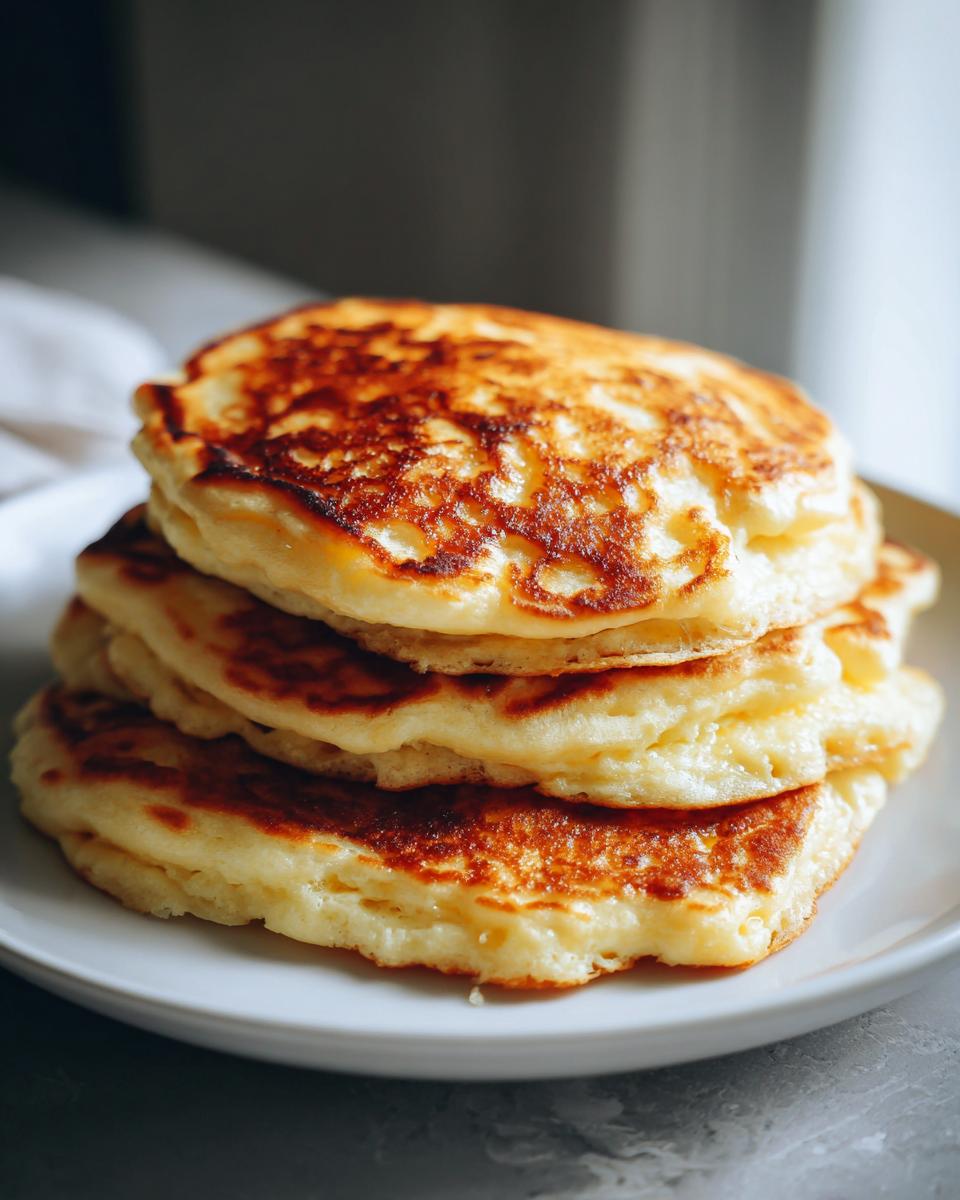 A close-up stack of four thick, fluffy buttermilk pancakes with golden-brown, slightly crispy edges.