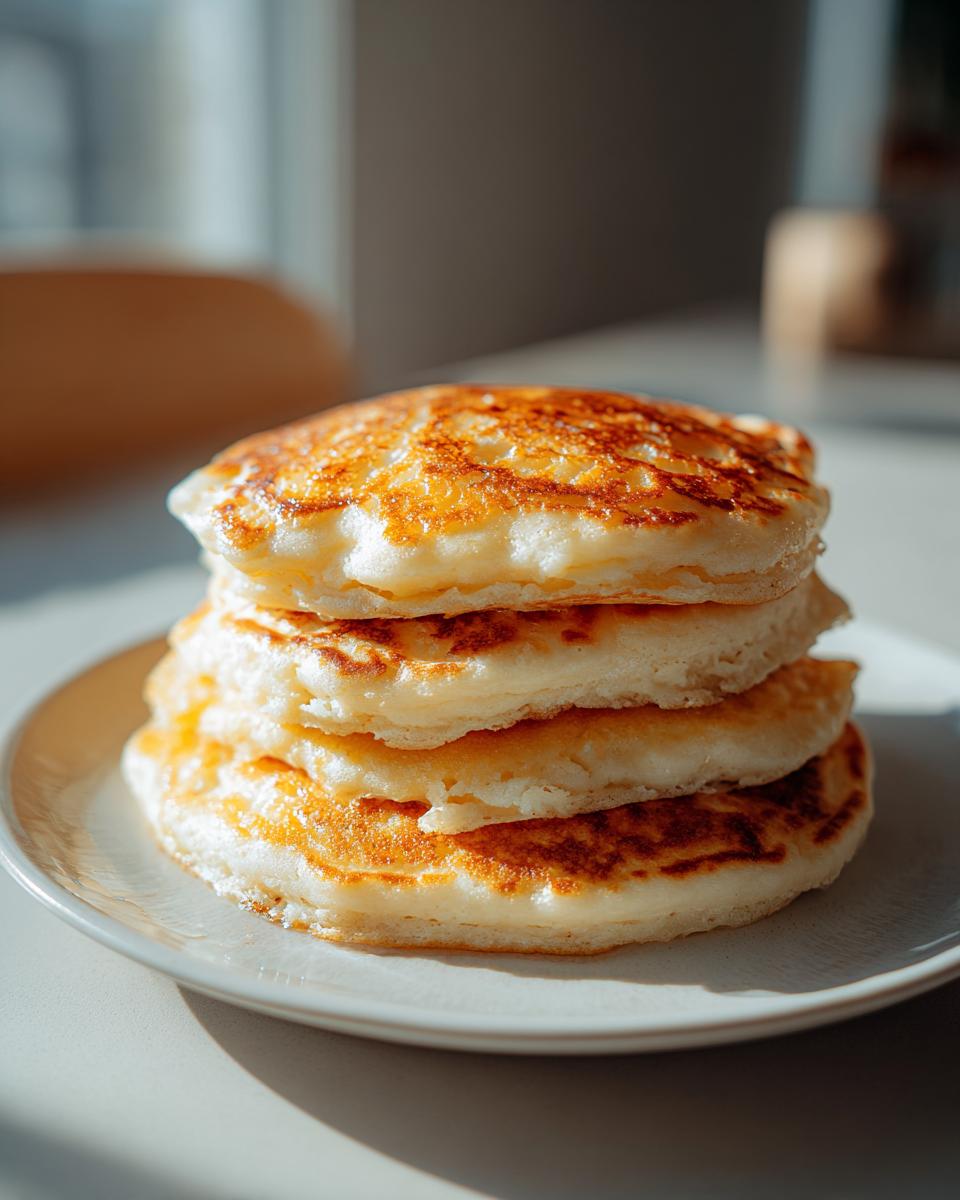A close-up, vertical stack of four thick, fluffy buttermilk pancakes with golden-brown edges on a white plate.