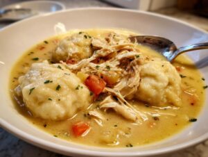 A close-up bowl of creamy chicken and dumpling soup featuring shredded chicken, carrots, and large, fluffy dumplings.
