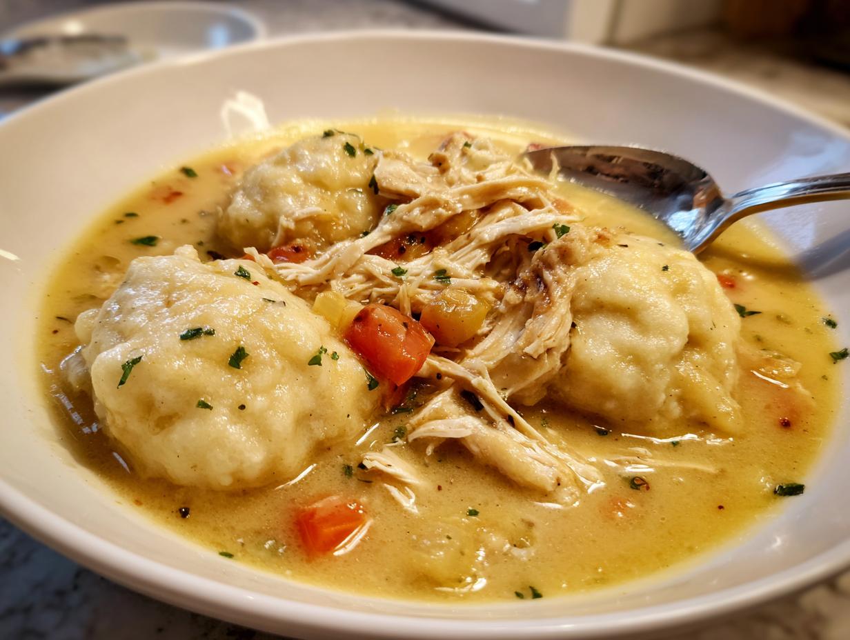 A close-up bowl of creamy chicken and dumpling soup featuring shredded chicken, carrots, and large, fluffy dumplings.