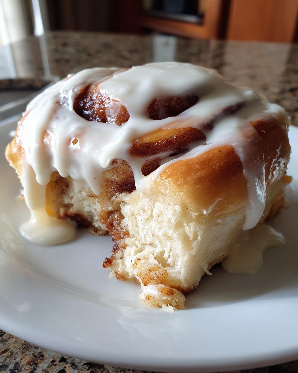 A close-up photo of a single, fluffy cinnamon roll topped generously with dripping white icing, showing a bite taken out.