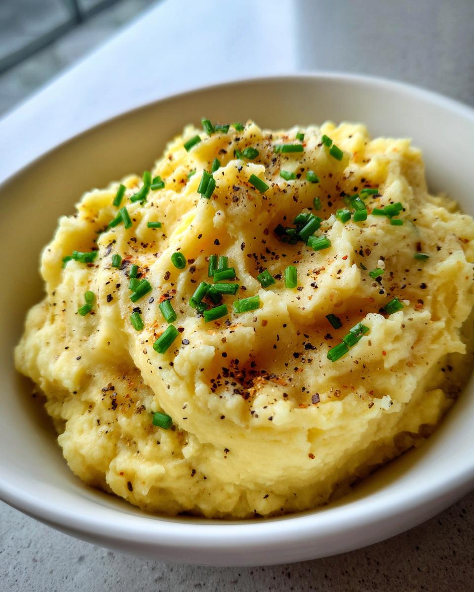 Creamy, fluffy garlic mashed potatoes topped with fresh chives and cracked black pepper in a white bowl.
