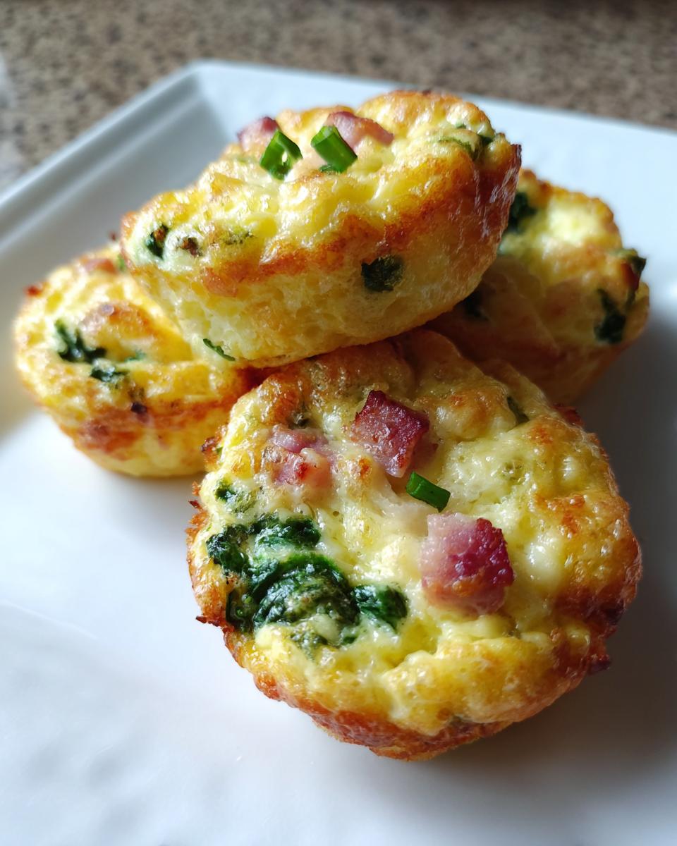 Close-up of four fluffy muffin tin egg bites topped with bacon pieces and green onions.