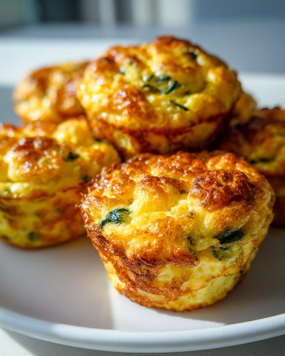 A close-up of several fluffy muffin tin egg bites piled on a white plate, showing golden brown, slightly crispy edges.