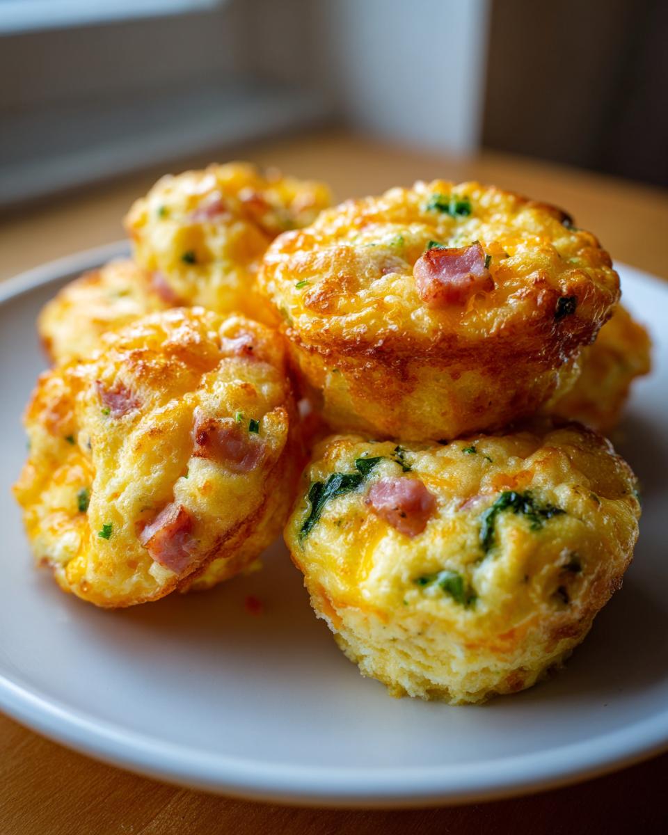 A stack of five fluffy muffin tin egg bites topped with melted cheese, visible bits of ham, and green herbs.