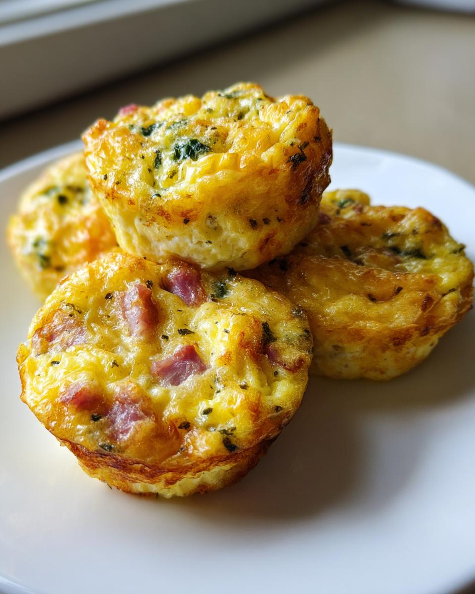 Close-up of four fluffy muffin tin egg bites stacked on a white plate, showing visible pieces of ham and green herbs.