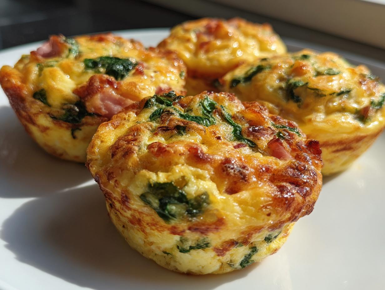 Four golden brown muffin tin egg bites featuring visible spinach and pieces of ham on a white plate.