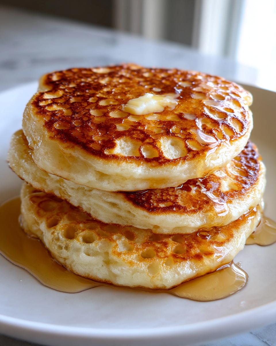 Close-up of a tall stack of fluffy old fashioned pancakes topped with melting butter and drizzled with syrup.