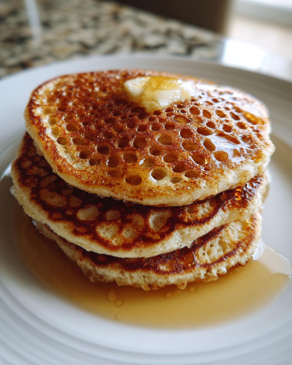 Stack of three fluffy old fashioned pancakes topped with melting butter and drizzled with syrup.