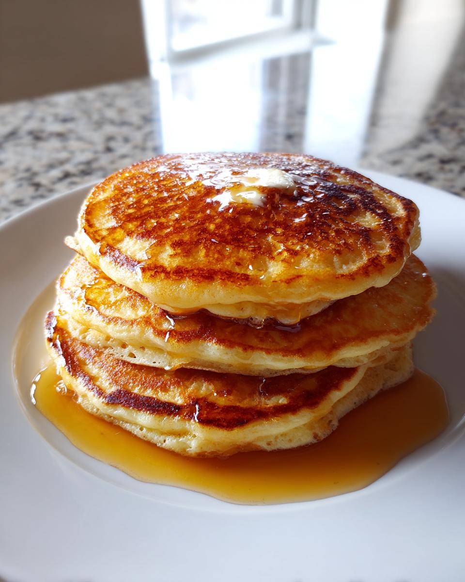 A tall stack of fluffy old fashioned pancakes drizzled with syrup and topped with melting butter.