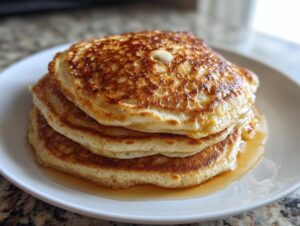 A stack of three fluffy old fashioned pancakes drizzled with syrup and topped with melting butter.
