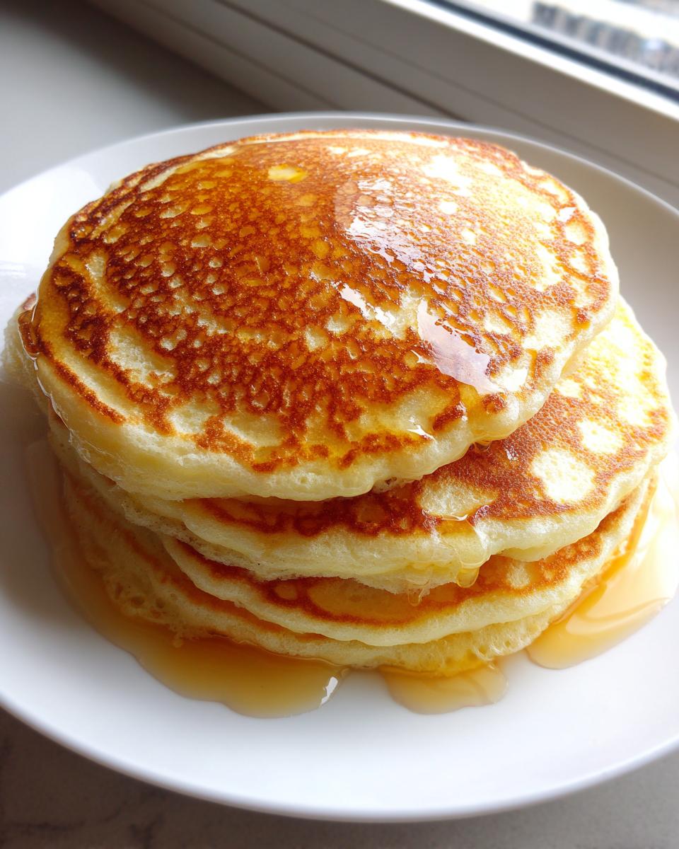 A tall stack of fluffy old fashioned pancakes drizzled generously with golden syrup on a white plate.