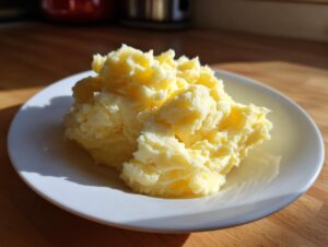 A generous serving of fluffy, buttery slow cooker mashed potatoes piled high on a white plate.