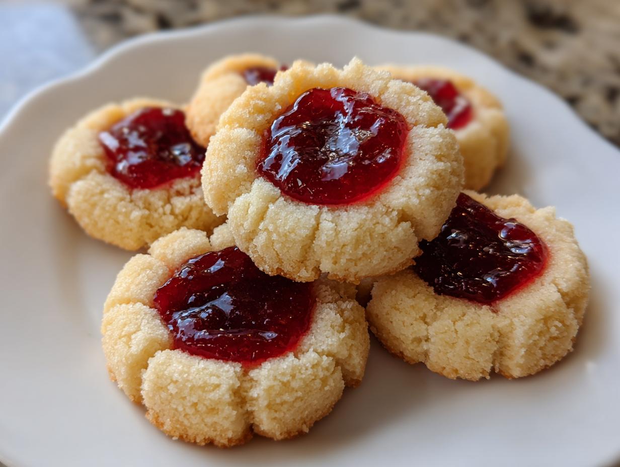 A stack of golden, fluted raspberry thumbprint cookies filled with glistening red jam on a white plate.