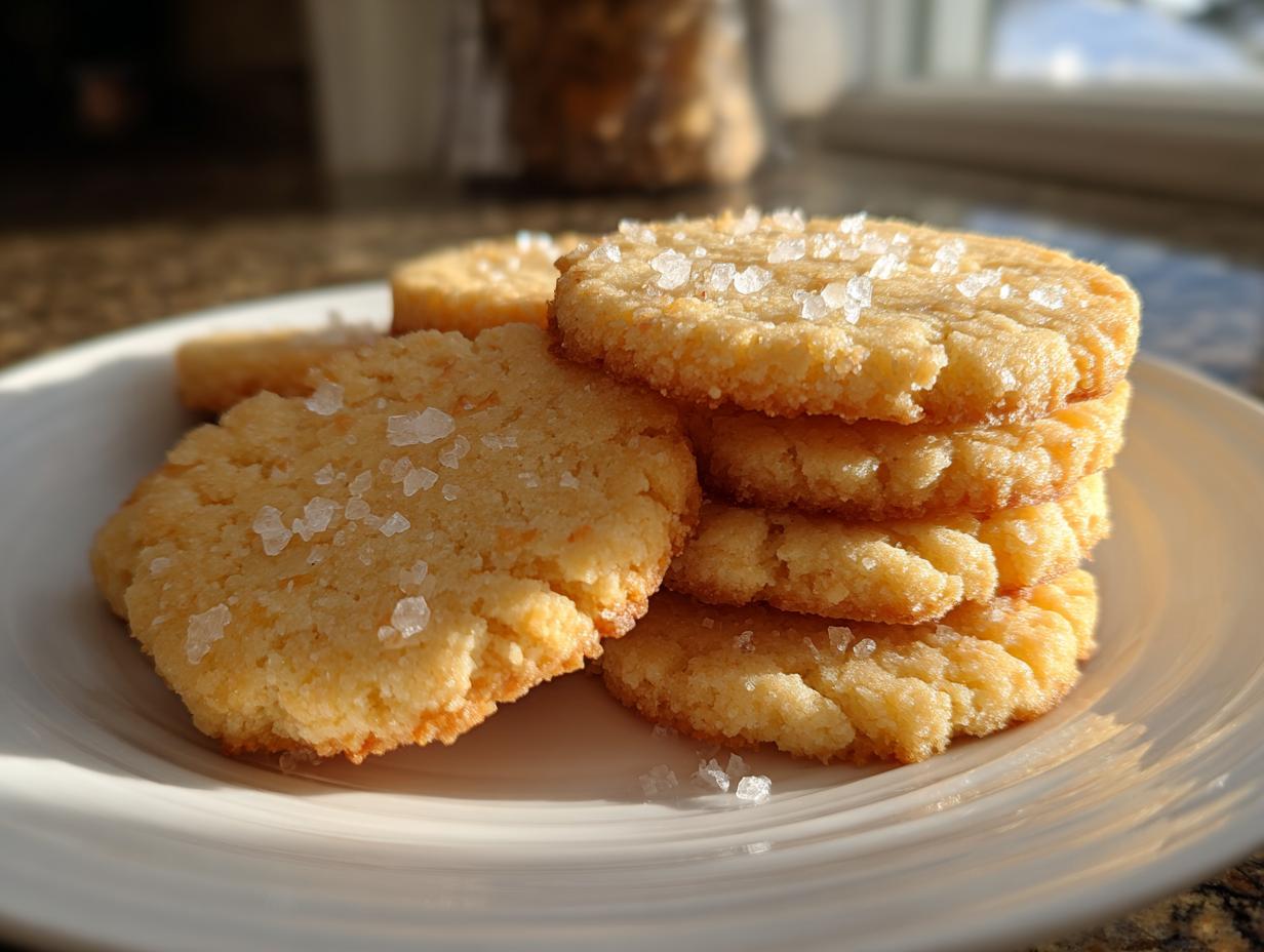 A stack and pile of golden french salted butter cookies topped with flaky sea salt, resting on a white plate.