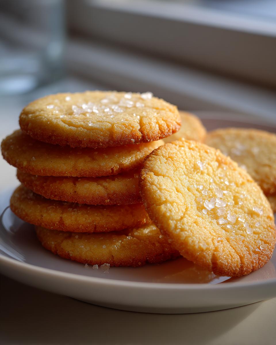 A close-up stack of golden brown french salted butter cookies topped with flaky sea salt.