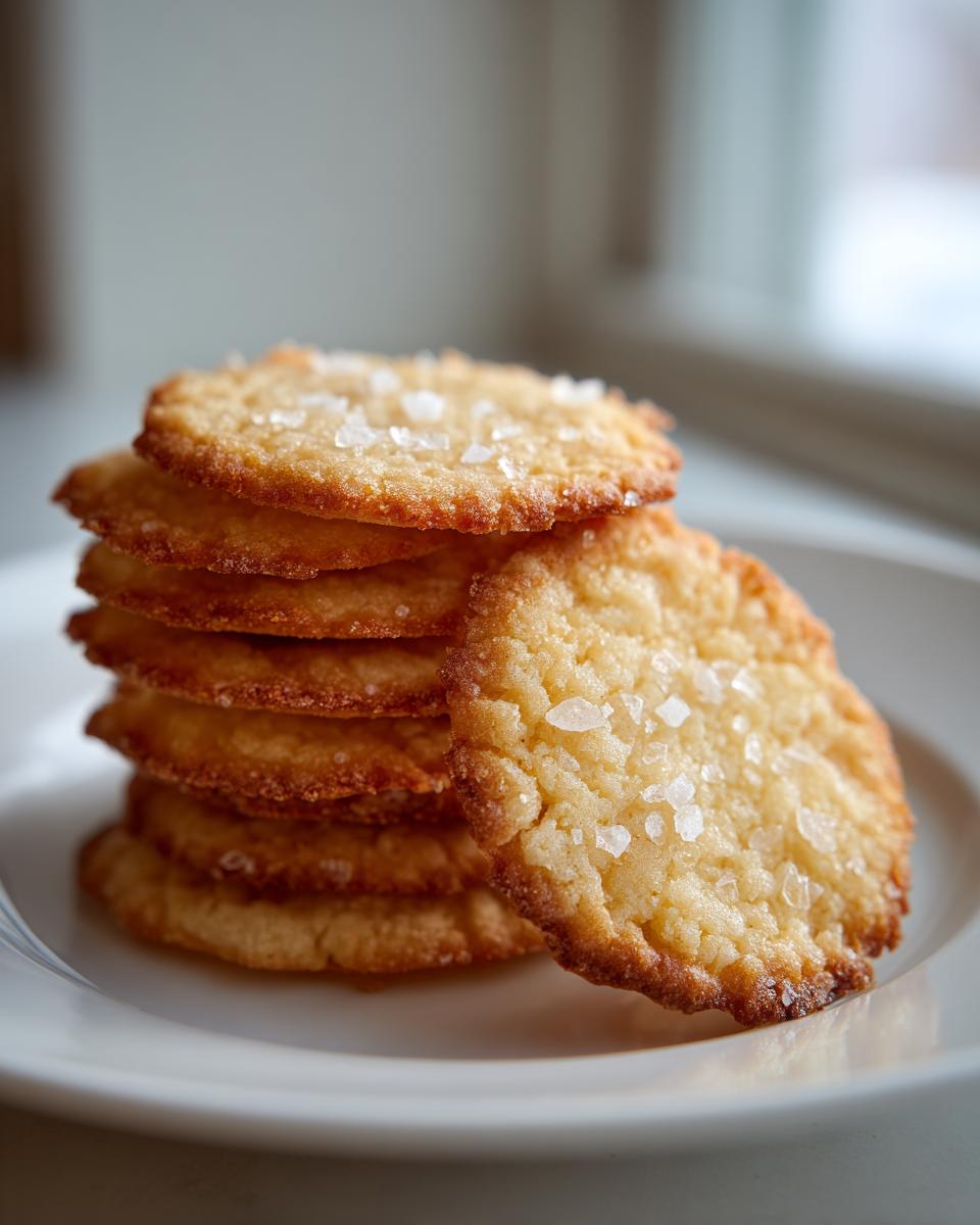 A stack of golden brown french salted butter cookies topped with flaky sea salt on a white plate.