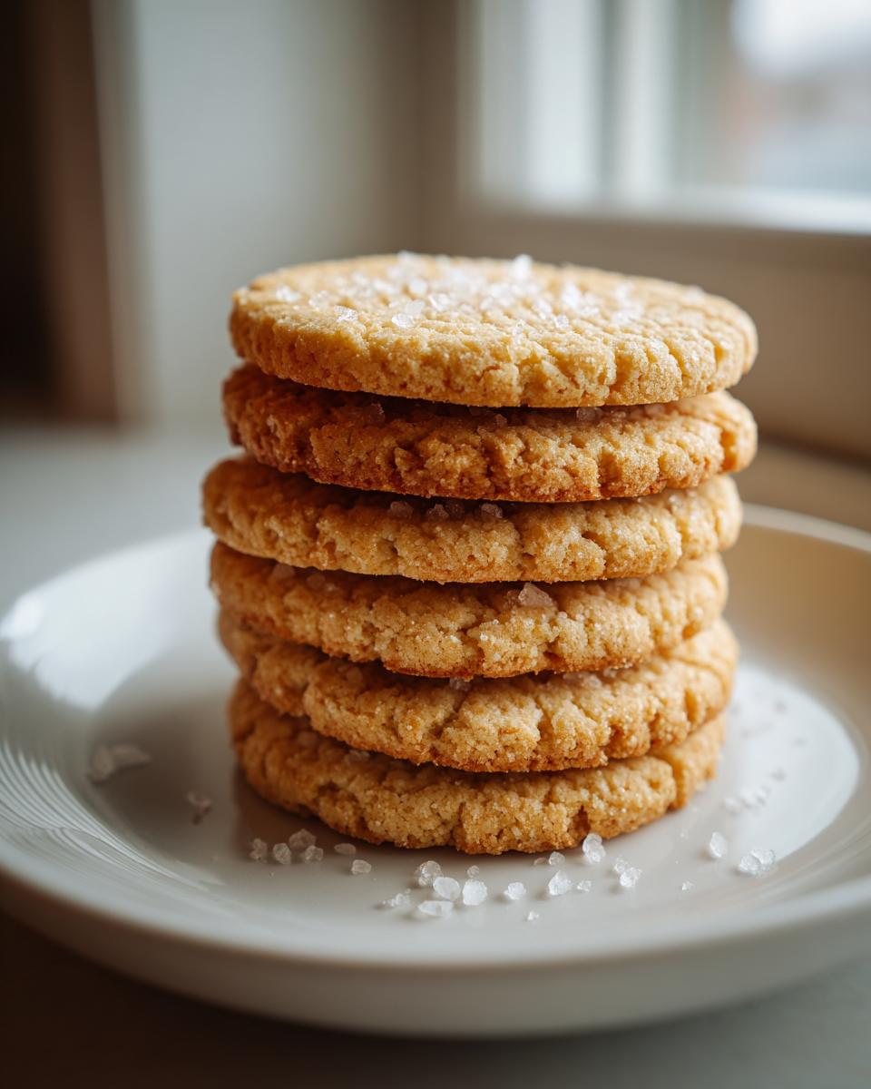 A stack of five golden brown french salted butter cookies sprinkled with flaky sea salt on a light plate.