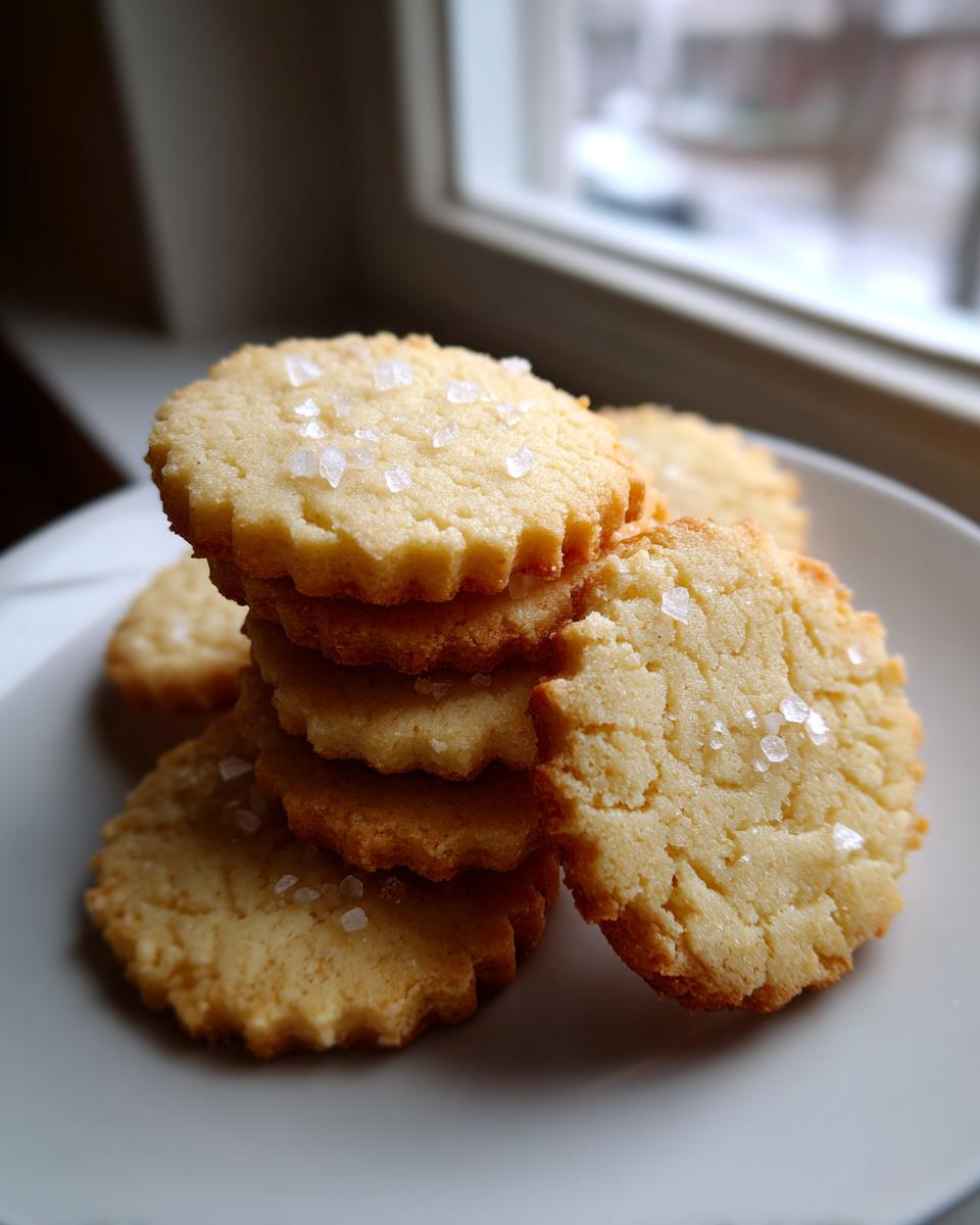 A stack of golden french salted butter cookies topped with coarse sea salt crystals on a light plate.