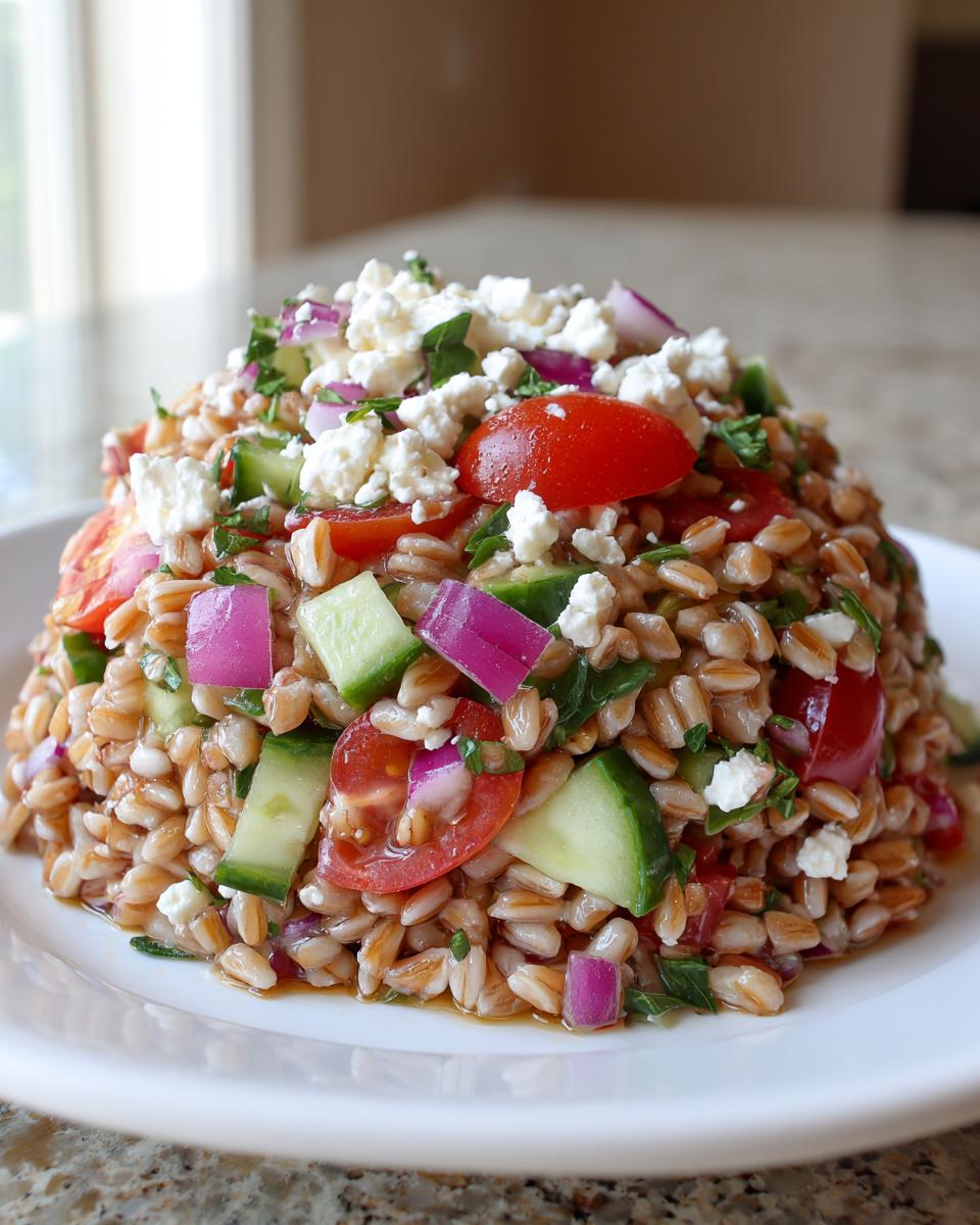 A mound of fresh farro salad topped with crumbled feta cheese, cherry tomatoes, cucumber chunks, and red onion.
