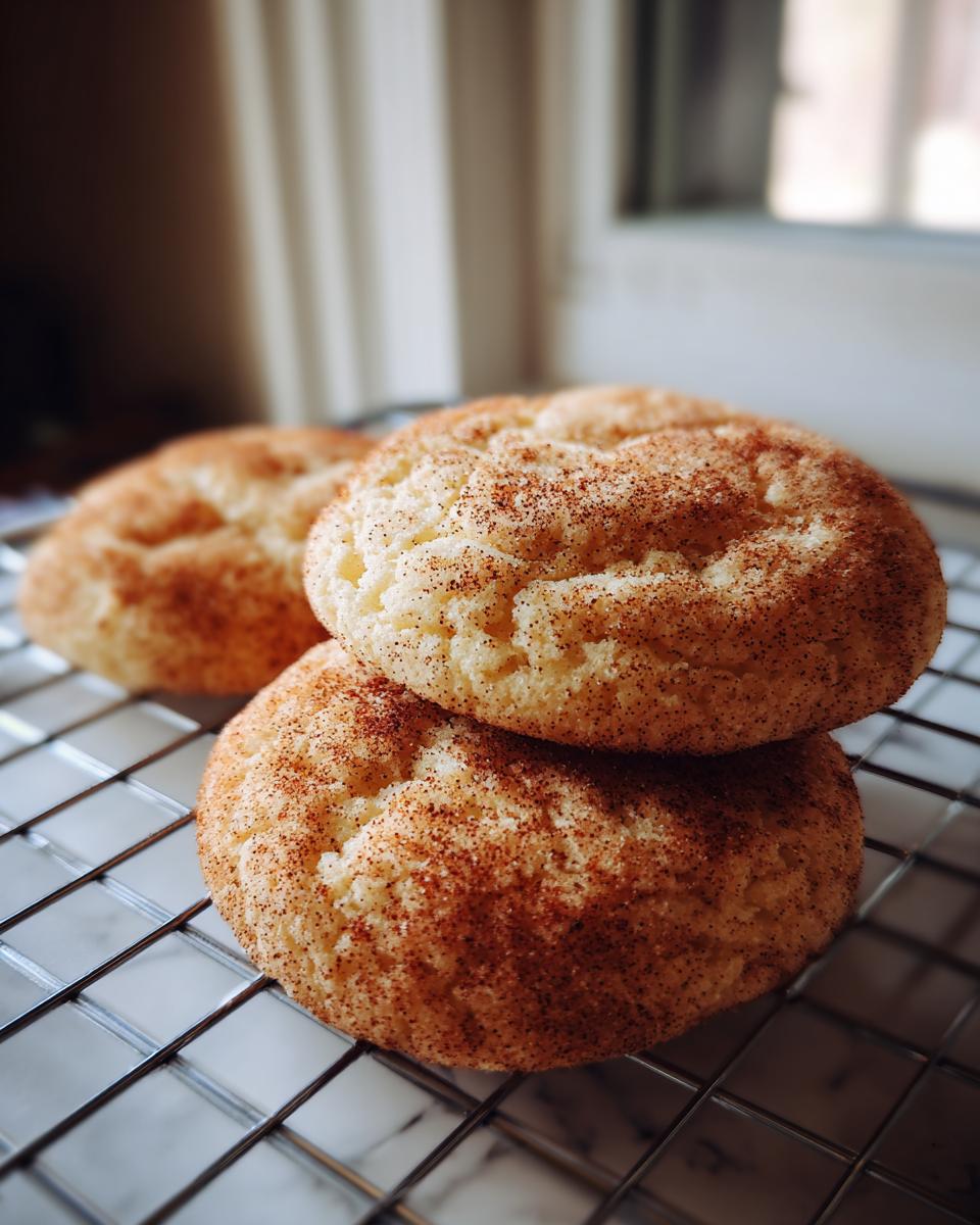 Three soft, chewy Snickerdoodle cookies coated in cinnamon sugar resting on a wire cooling rack.