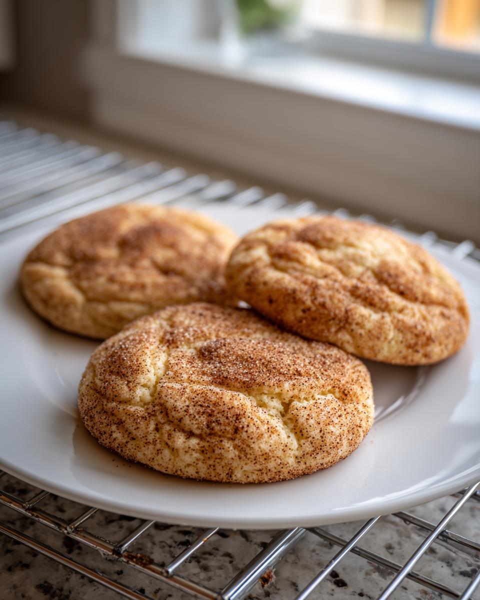 Three soft, round Snickerdoodle cookies generously coated in cinnamon sugar resting on a white plate.