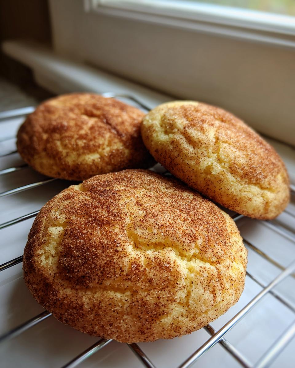 Three soft, round Snickerdoodle cookies coated in cinnamon sugar resting on a wire cooling rack near a window.