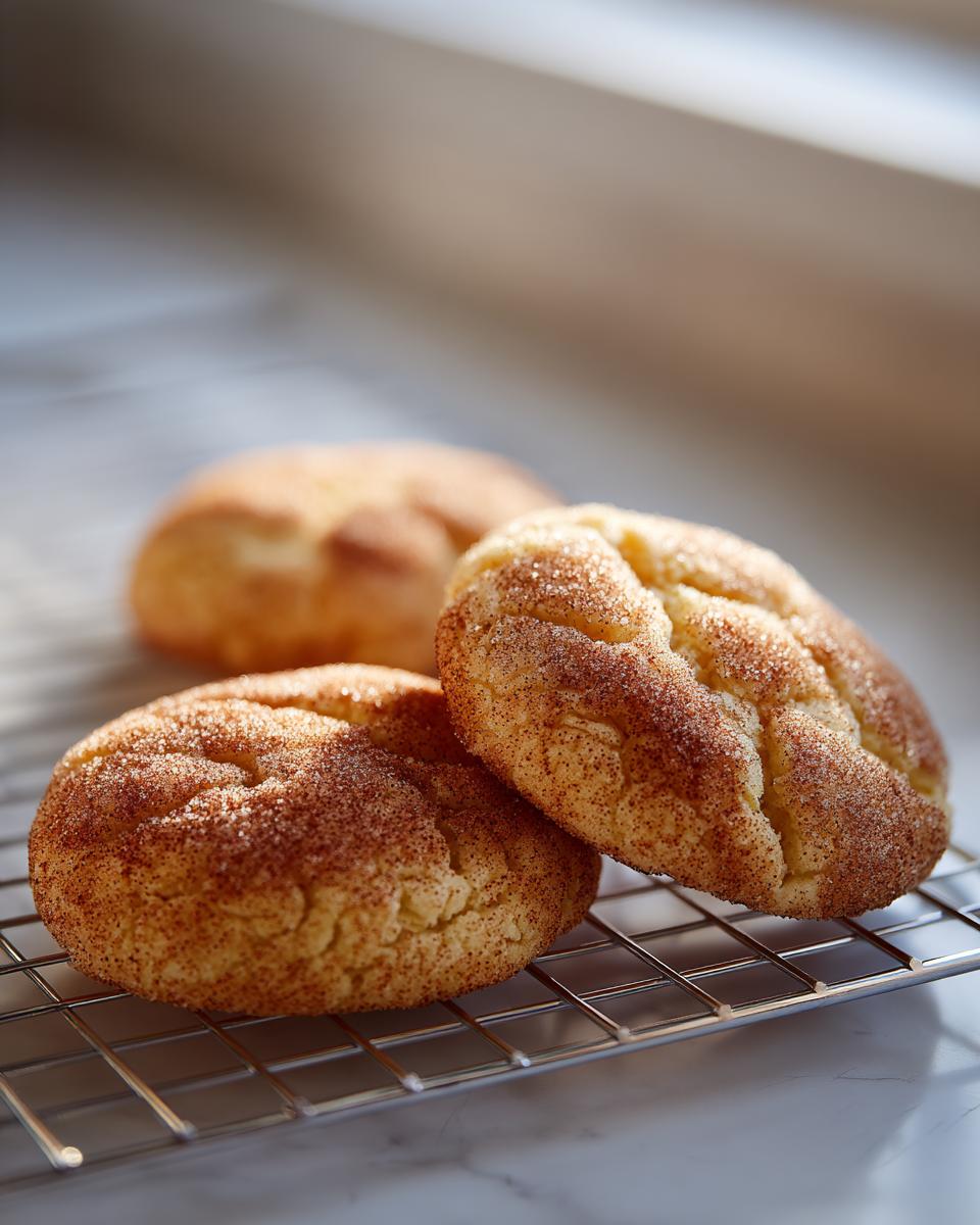 Three soft, crackled Snickerdoodle cookies generously coated in cinnamon sugar, cooling on a wire rack.