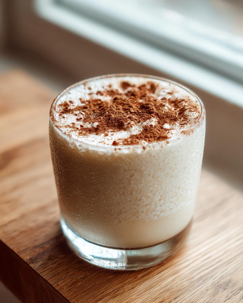 A creamy, chilled glass of coquito recipe topped generously with ground cinnamon.