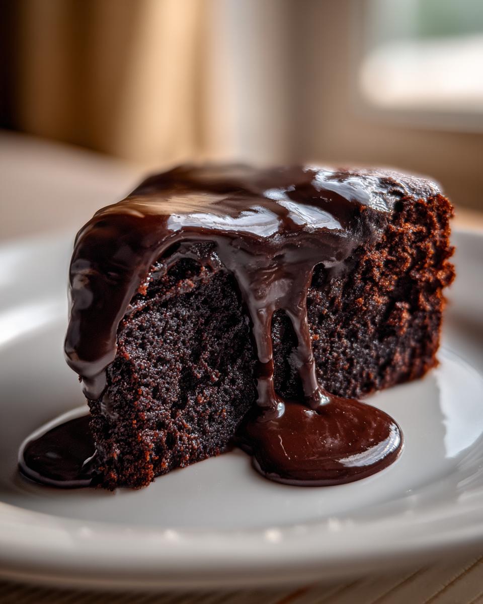 A rich, dark slice of flourless chocolate cake generously topped with dripping chocolate ganache.