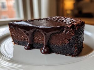 A rich, fudgy slice of flourless chocolate cake topped with dripping dark chocolate ganache.
