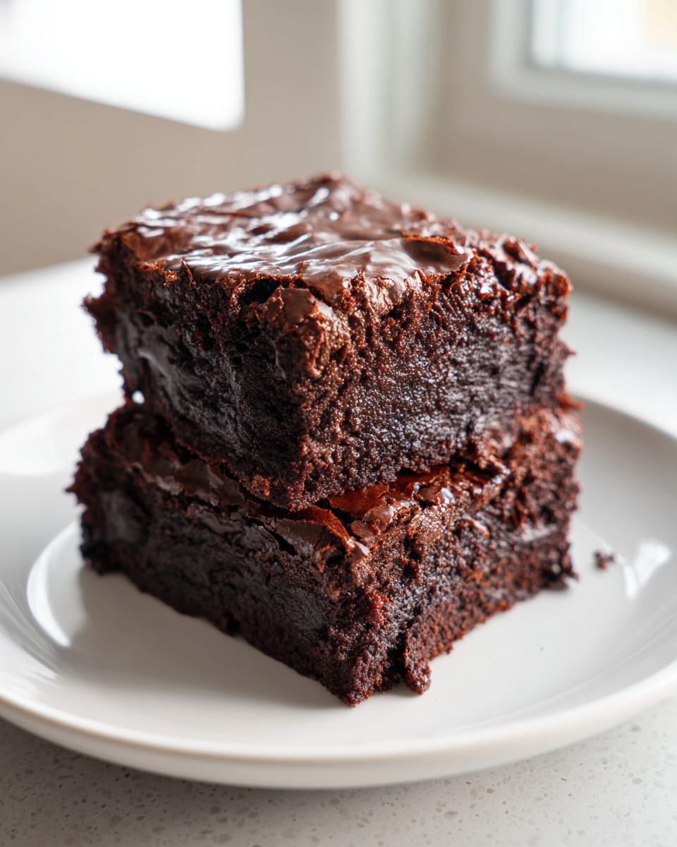 Two fudgy, dark chocolate sweet potato brownies stacked on a white plate with a shiny, cracked top.