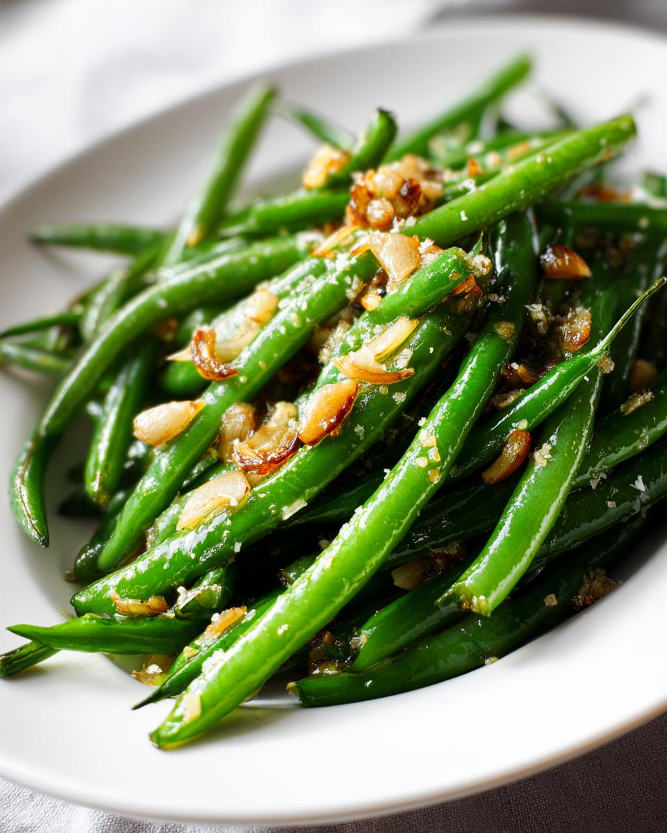 Vibrant green beans sautéed with crispy garlic slices, served on a white plate.