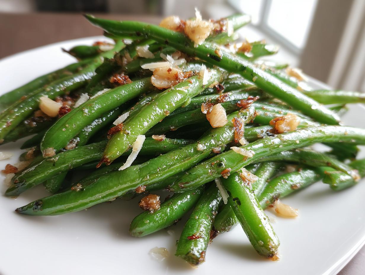 Close-up of vibrant, glossy green beans tossed with browned garlic pieces and shaved Parmesan cheese.