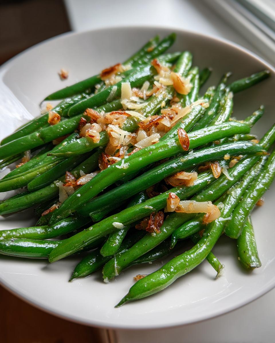 Close-up of bright green beans tossed in garlic butter and topped with crispy fried shallots.