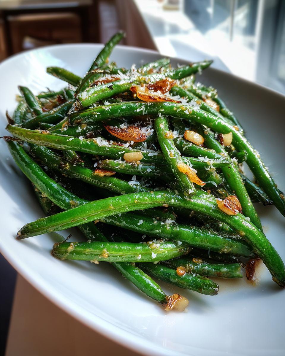 A close-up of vibrant green beans tossed in garlic butter, topped with grated Parmesan and pine nuts.